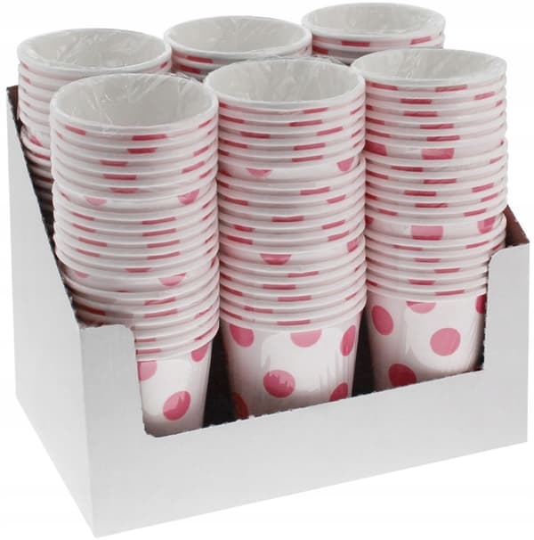Vita pappersmuggar med rosa prickar 6 st.