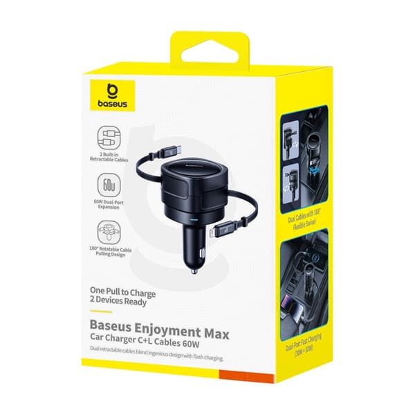 Baseus Enjoyment Max Biloplader med USB-C + Lightning-kabler 60W Sort