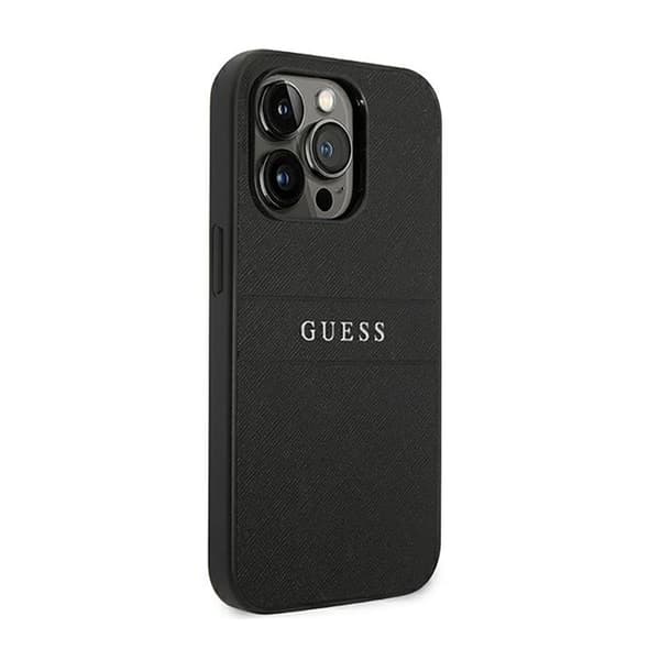 Guess Saffiano Metal Logo Raidat - iPhone 14 Pro -kotelo (Musta)