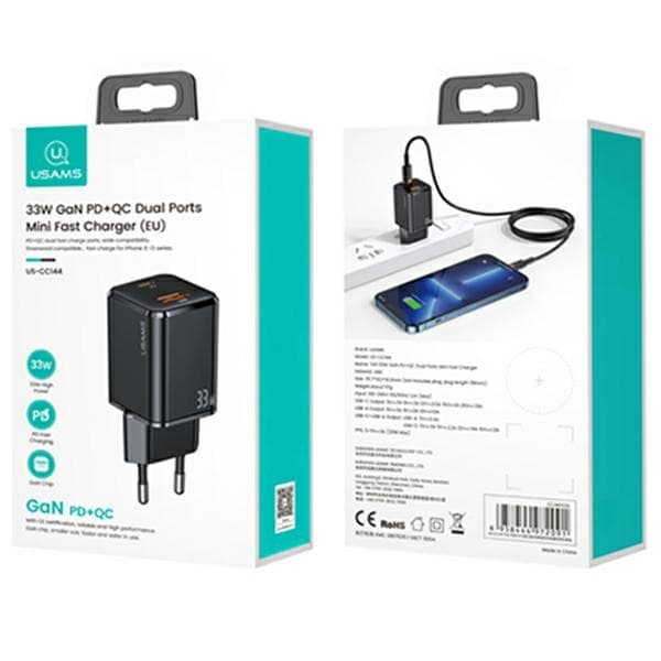 USAMS Netværksoplader 1xUSB-C + 1xUSB T43 33WPD3.0 + QC3.0 + U63 USB-C til Lightning-kabel Sort/Sort USKTZ01