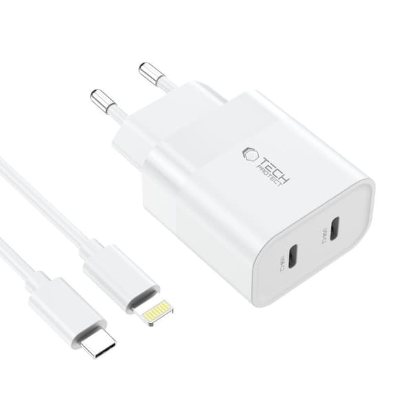 TECH-PROTECT C20W 2-PORTARS NÄTVERKSLADDARE PD20W + TYP-C-KABEL VIT