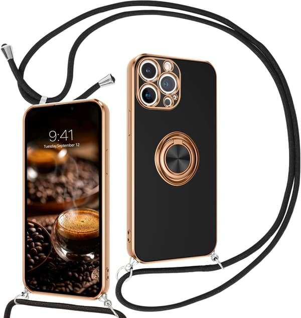 SORT ETUI TIL APPLE IPHONE 13 PRO MAX 6,7" GULDRAMM SILIKONERING