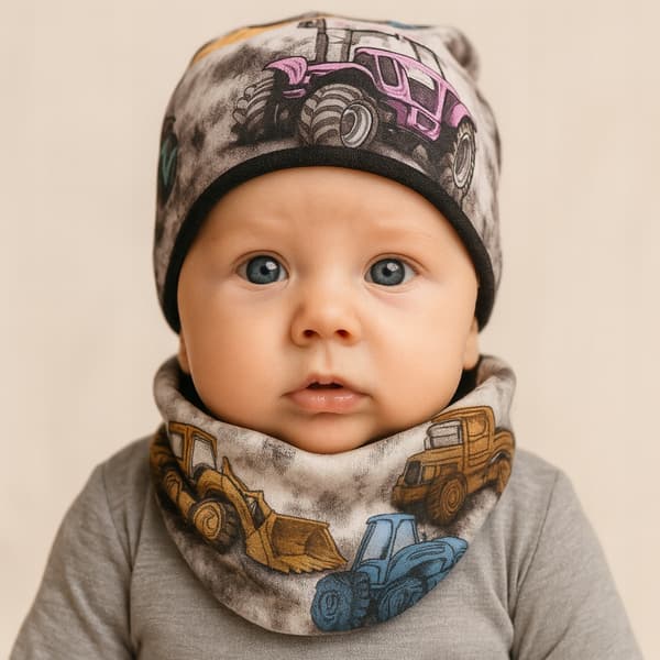 Babyset: hue og halstørklæde 62/68 til dreng 36-38 efterår i traktor-design