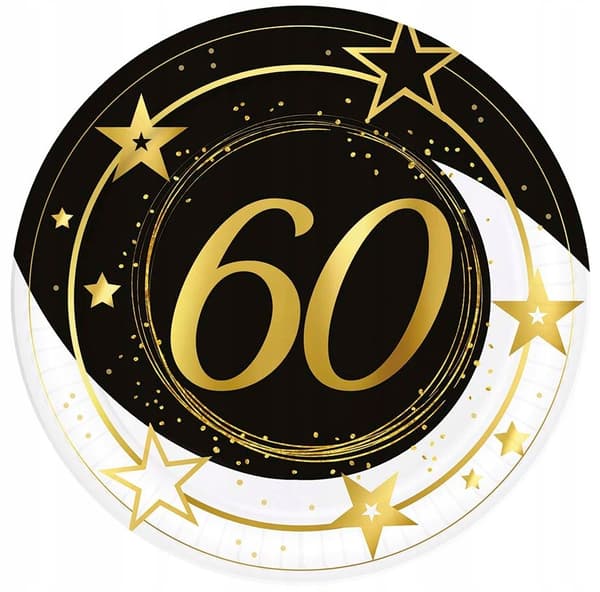 Papperstallrikar 60-årsdag Sixty Guld Svart 23cm 6 st