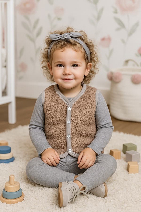Varm barnväst 98 ärmlös beige lammjacka