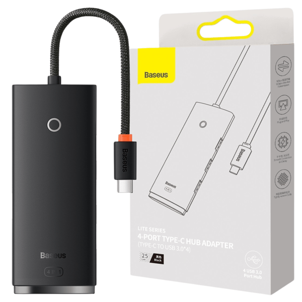 Baseus Lite -sarjan 4in1-keskitin USB-C - 4x USB 3.0 + USB-C, 25 cm (musta)