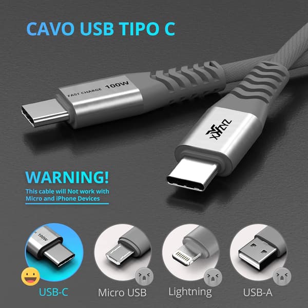 2x USB-C - USB-C -pikalatauskaapeli harmaa 100W 20V 5A 2M