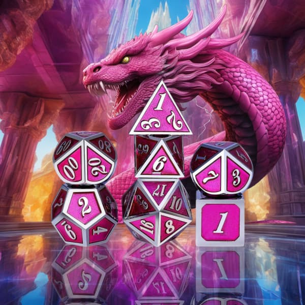 RPG-tärningar chockrosa set med 7 metalltärningar