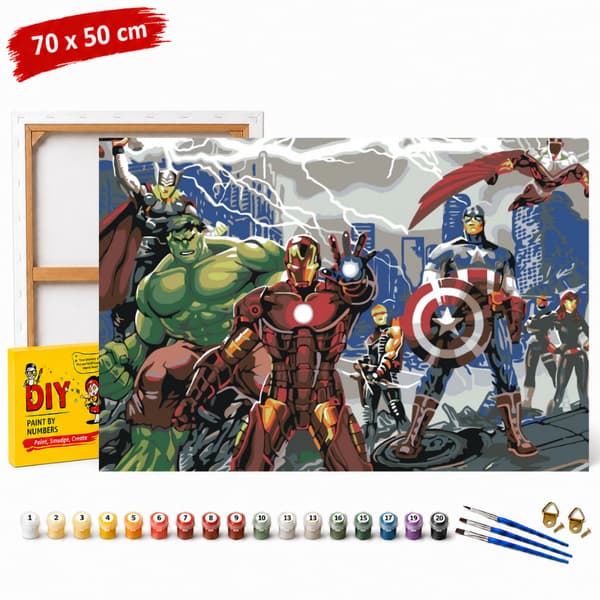 Mal efter nummer billede med ramme Avengers in Action 70x50cm