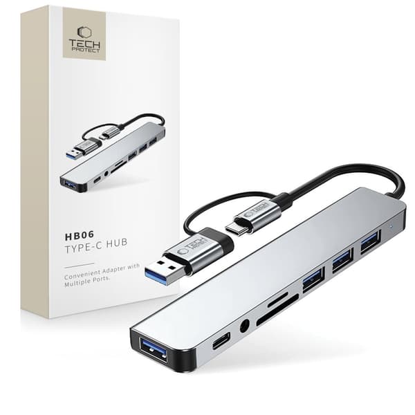 TECH-PROTECT HB06 HUB-ADAPTER 8-I-1 TYPE-C + USB 2.0 + USB 3.0 + SD/TF + AV 3.5 SPACE GRÅ