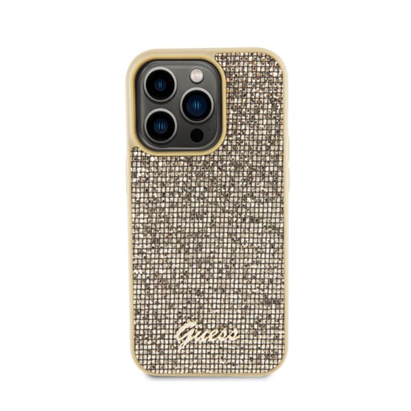 Guess Disco Metal Script - iPhone 15 Pro -suojakuori (kulta)