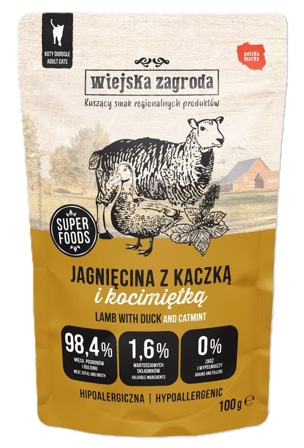 Wiejska Zagroda | Vådfoder til katte | 100 g pose - Voksen | Lam med and og katteurt 100 g