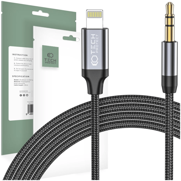 TECH-PROTECT ULTRABOOST LIGHTNING TIL AUX MINI JACK 3,5 MM KABEL 100 CM SORT