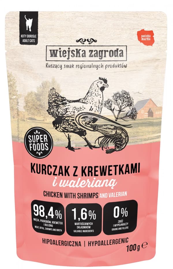Wiejska Zagroda | Vådfoder til katte | 100 g pose - Voksen | Kylling med rejer og baldrian 100 g