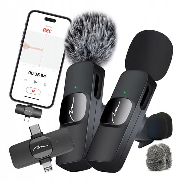 MICRO-MIC DUO - 2x Trådlös kragmikrofon (set), med klipp, iOS & Android (OTG), mini, superkänslig USB-C & LIGHTNING