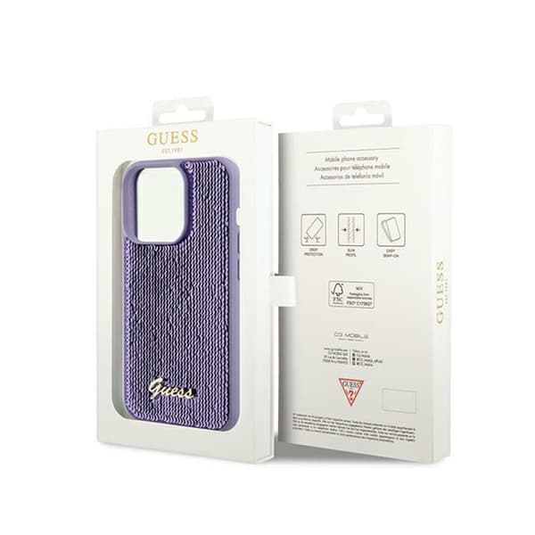 Guess Sequin Script Metal - iPhone 14 Pro-skal (lila)