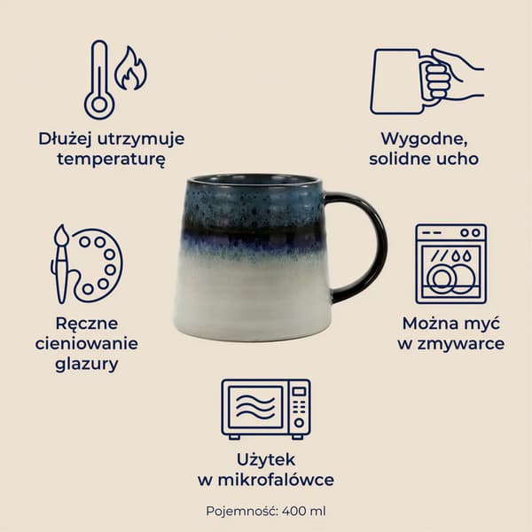 STOR KERAMIKMUGG 400 ml FÖR KAFFE TE CHOKLAD MARINBLÅ GRÅ Ø9CM