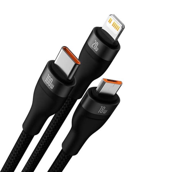 Baseus Flash Series 2 3-i-1 USB-kabel, USB-C + micro-USB + Lightning, 100W, 1,2m (svart)