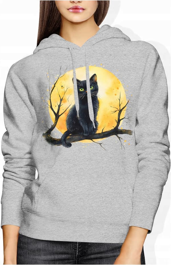 DAME SWEATSHIRT MED KAT MED DYR, KAT MED PRINT, BOMULD, SORT, L