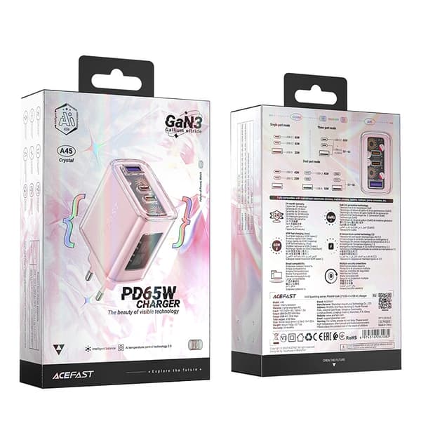 Acefast GaN-laddare 65W 3 portar (1xUSB, 2xUSB C) rosa (A45)