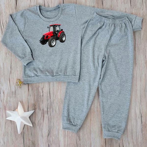 BARNPYJAMAS 140 för POJKAR 100% bomull TRACTOR gråmelerad