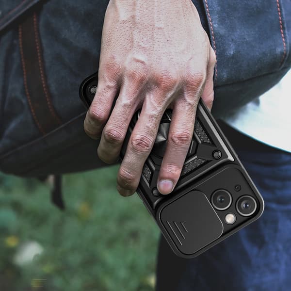 Hybrid Armor Camshield Armor-etui med stativ og kameracover til iPhone 15 Plus - Blå
