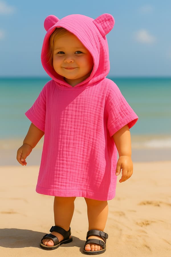 Barnens muslinkappa 86-104 strandponcho rosa