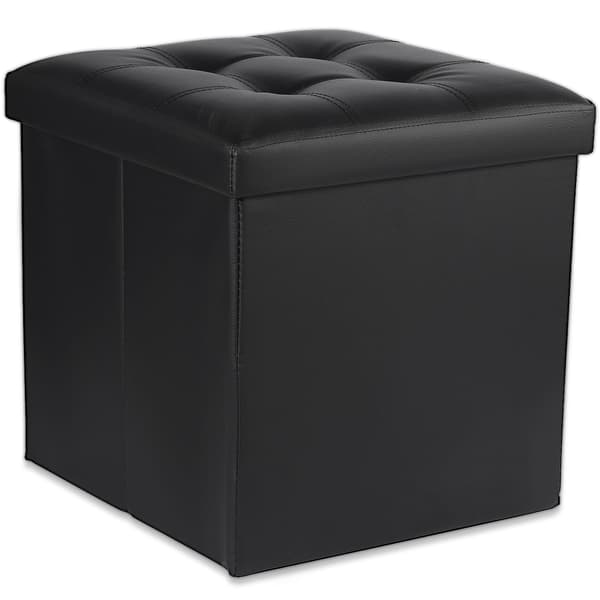 Foldbar puf L med knapper - 38x38x38cm, sort øko-læder
