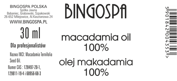 Bingospa skatt för ansikte och kropp macadamiaolja 100% 30 ml