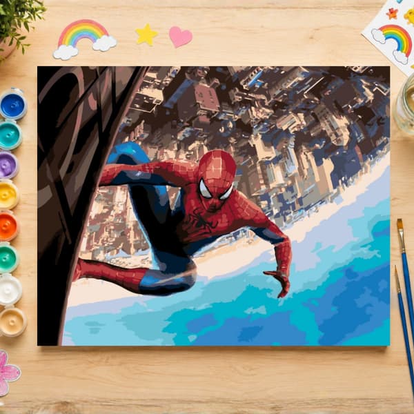 Måla efter nummer-bild med ram Spiderman över Marvel City 70x50 cm