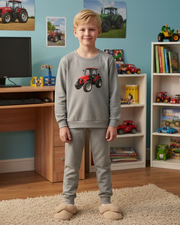 BØRNEPYJAMAS 140 til DRENGE 100% bomuld TRACTOR gråmeleret