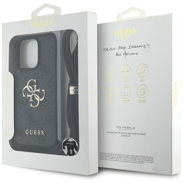 Guess 4G stort logo crossbody-etui med snor og rem til iPhone 16 Pro Max, sort