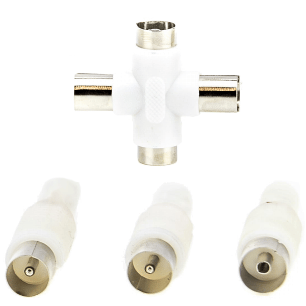 T-stik firevejsstik til antennekabel + 3 stik adapter