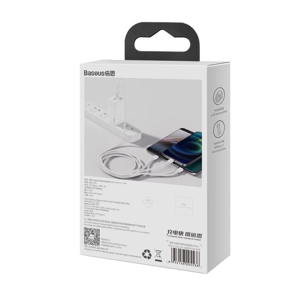 Baseus Superior Series 3-i-1 USB-kabel, USB til micro-USB / USB-C / Lightning, 3,5A, 1,5 m (hvid)