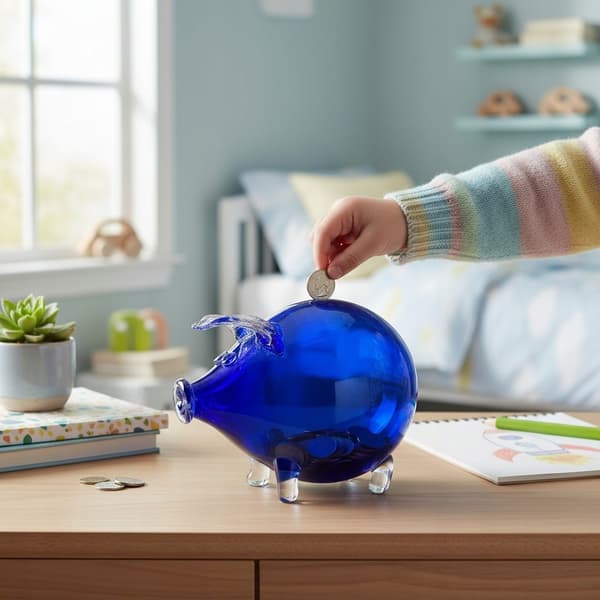 Stor blå glassparebøsse som gave til et drengebarnsbryllup