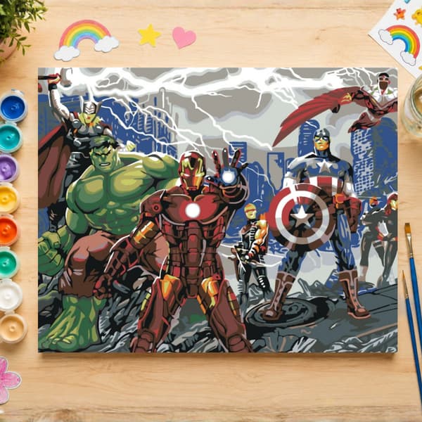 Mal efter nummer billede med ramme Avengers in Action 70x50cm