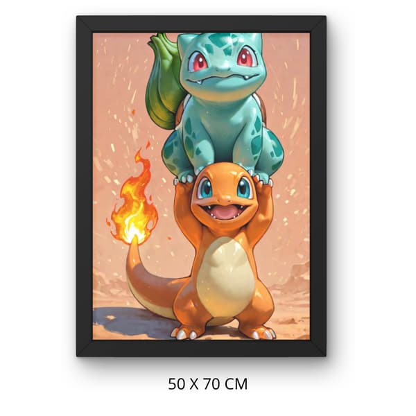 Mal efter nummer billede med ramme Pokémon Bulbasaur Charmander 50x70cm