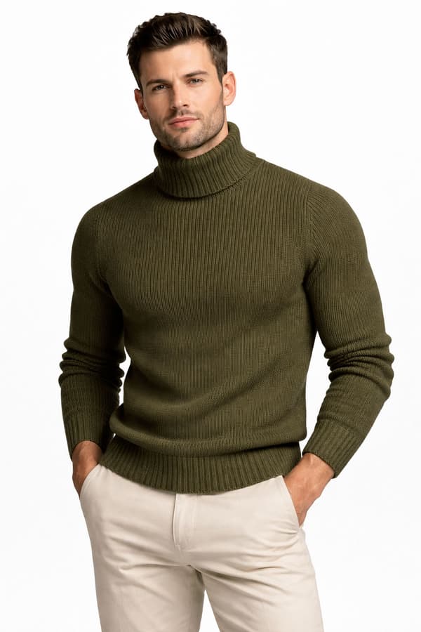Varm herrtröja med polotröja, ull, khaki, Recea M