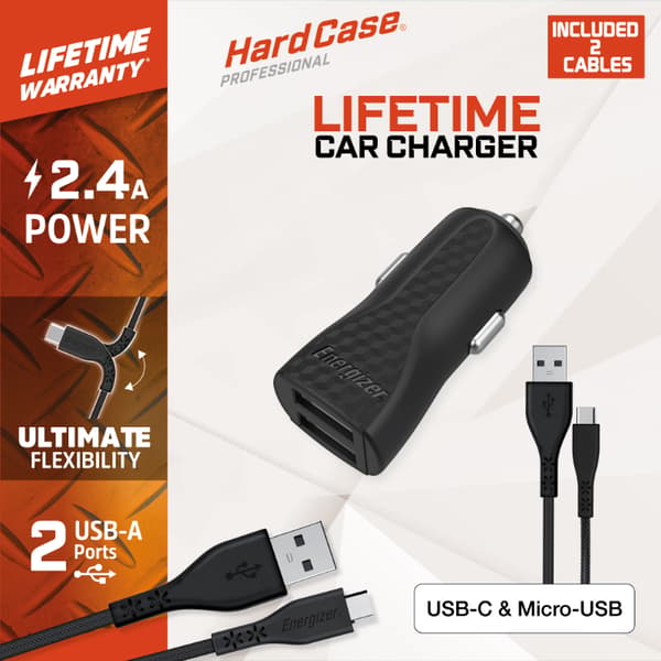 Energizer HardCase - Billaddare 2x USB-A 2.4A + USB-C & Micro USB-kabel (Svart)