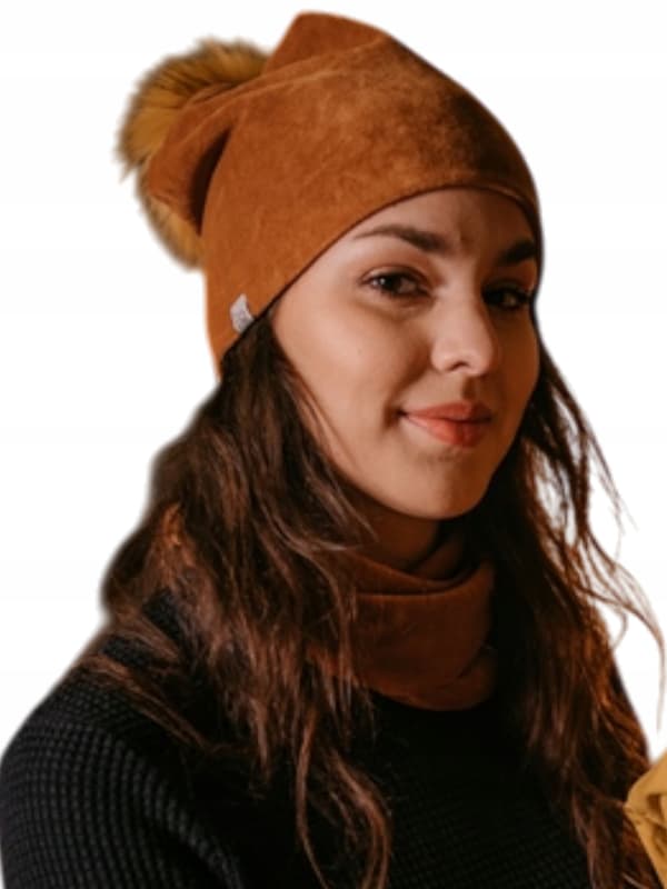 Modern sammetshatt med pompom i kamelfärgad sammet höst vinter universal