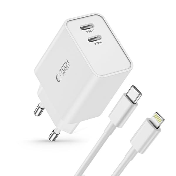 TECH-PROTECT C35W 2-PORT NETVÆRKSOPLADDER PD35W + LIGHTNING-KABEL HVID