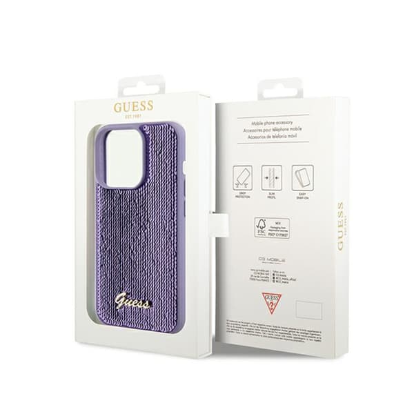 Guess Sequin Script Metal - iPhone 14 Pro Max -suojakuori (Violetti)