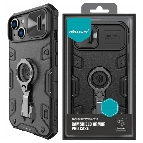 Nillkin CamShield Armor Pro-cover til iPhone 14 Plus – pansret cover med kameracover, ringstativ, sort