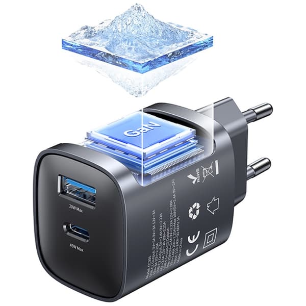 USAMS CC290 T66 45W GaN Vægoplader 1xUSB-A 1xUSB-C Sølv