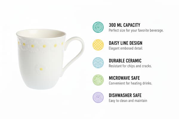 MUGG FÖR KAFFE, TE, CHOKLAD 300 ml VIT KERAMISK DESIGN DAISY LINE