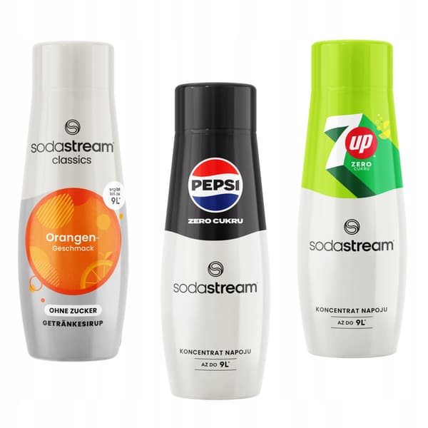 Set med 3 vattenkoncentrat Sodastream Orange Zero + Pepsi Max + 7up gratis