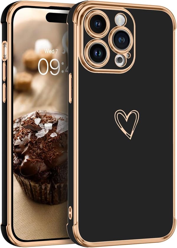 ETUI TIL APPLE IPHONE 14 PRO SORT GULD HJERTE HOLDBART A2890