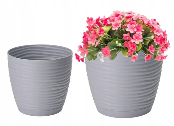 Grå urtepotte med underkop 22,5x21cm plast