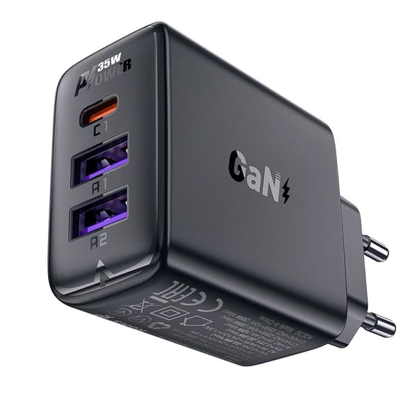Acefast A57 PD 35W GaN Oplader 2 x USB-A + USB-C med 3 Porte - Sort