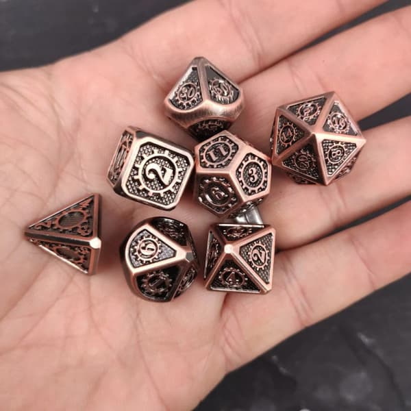 Steampunk RPG terningsæt med 7 metalterninger